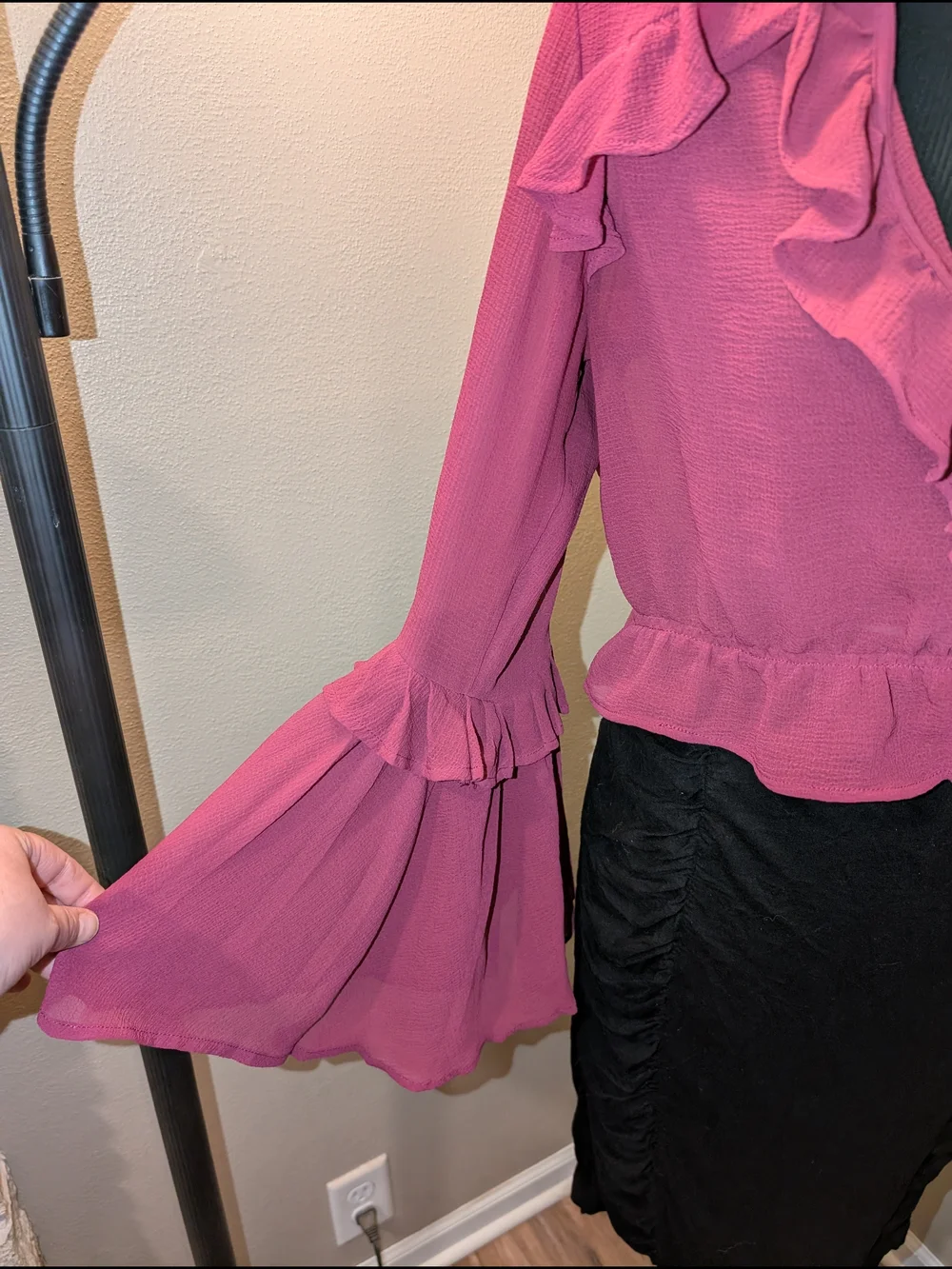 Anthropologie Raspberry Ruffled V-Neck Blouse - Picture 4 of 6